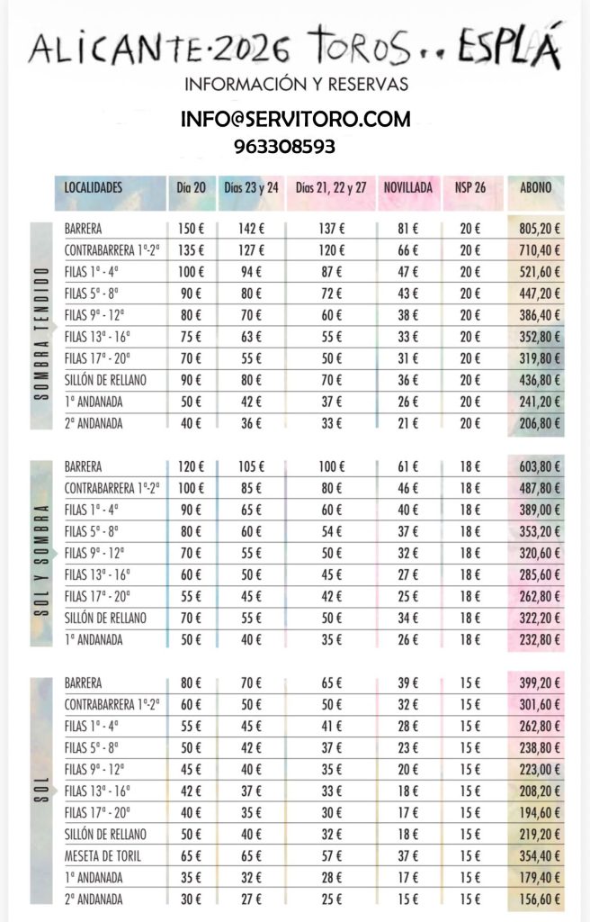 Precios toros Alicante 2026